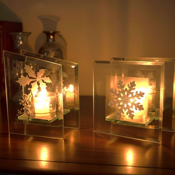 Holly Berry & Snowflake Glass Mirror Candle Holders 2pcs Holiday Decor / Gifts - Picture 1 of 14